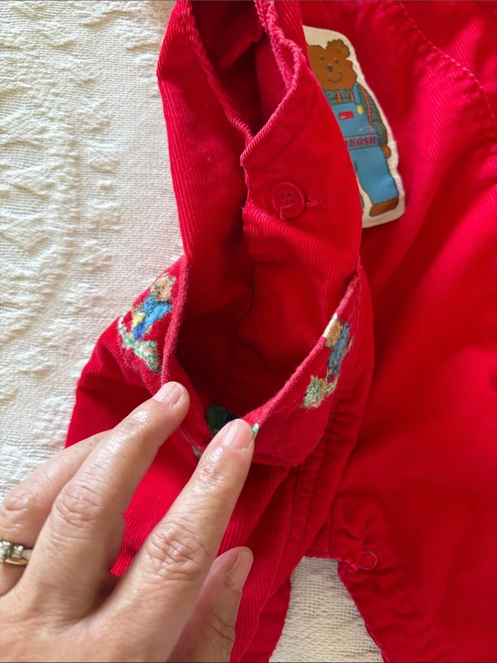 OshKosh Vintage Unisex Red Corduroy Toddler Overalls with Bear Patch 18M